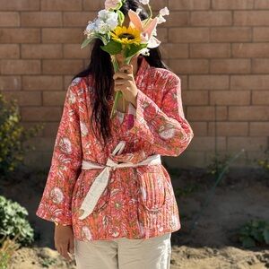 Reversible Floral and Stripe Blue Coat with belt and pockets - ONE SIZE